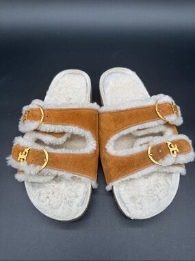 Tory Burch Chestnut Suede Shearling Slide Sandals with Gold Buckles Size 6